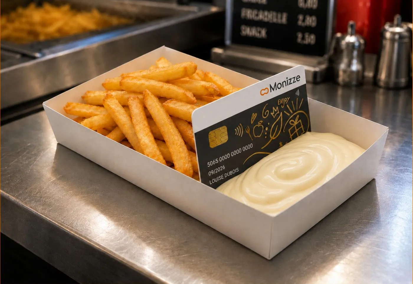 Une carte Monizze plantée verticalement dans une barquette de frites, séparant les frites de la mayonnaise