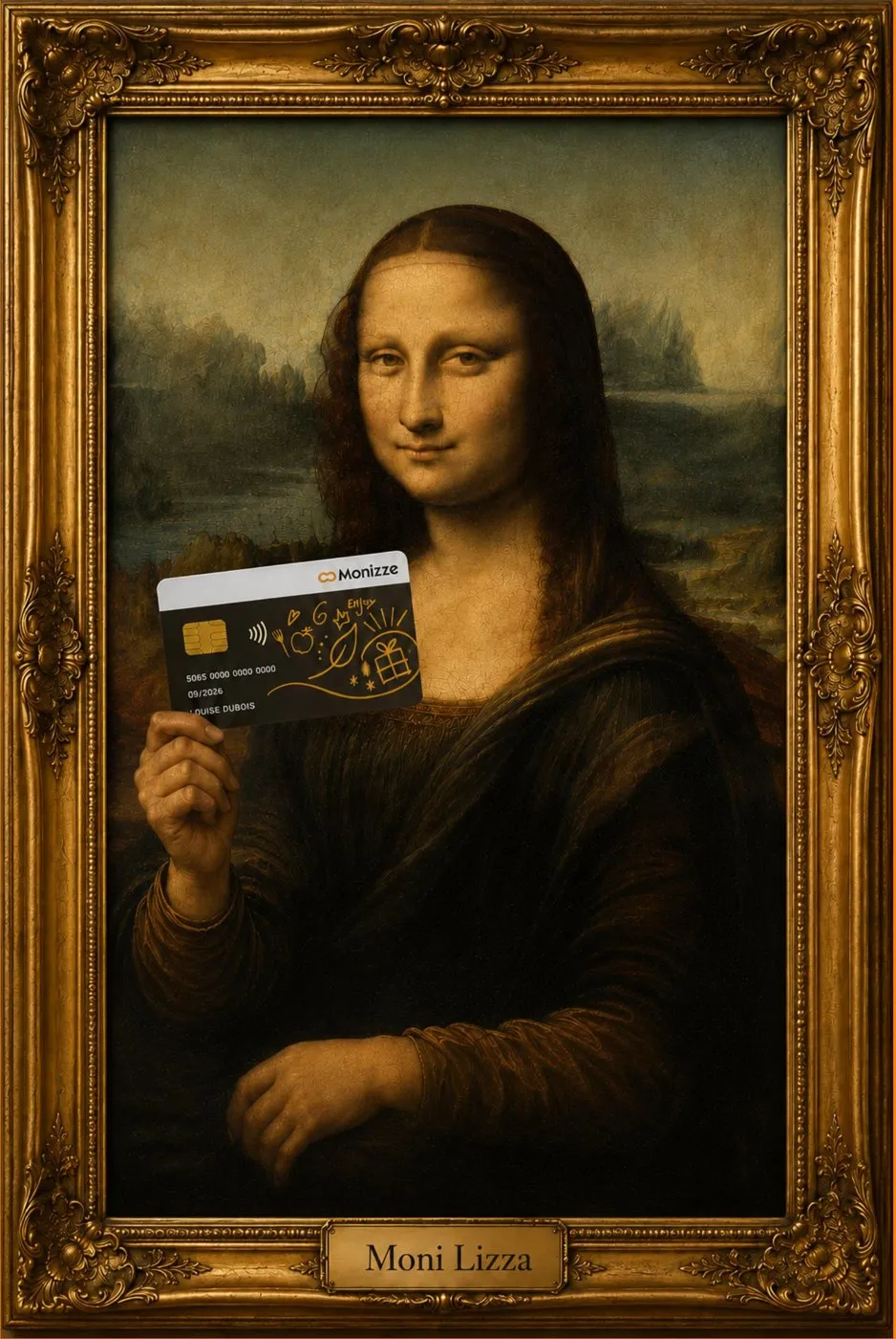Une reproduction de la Joconde dans un cadre doré, tenant une carte Monizze, avec la plaque Moni Lizza