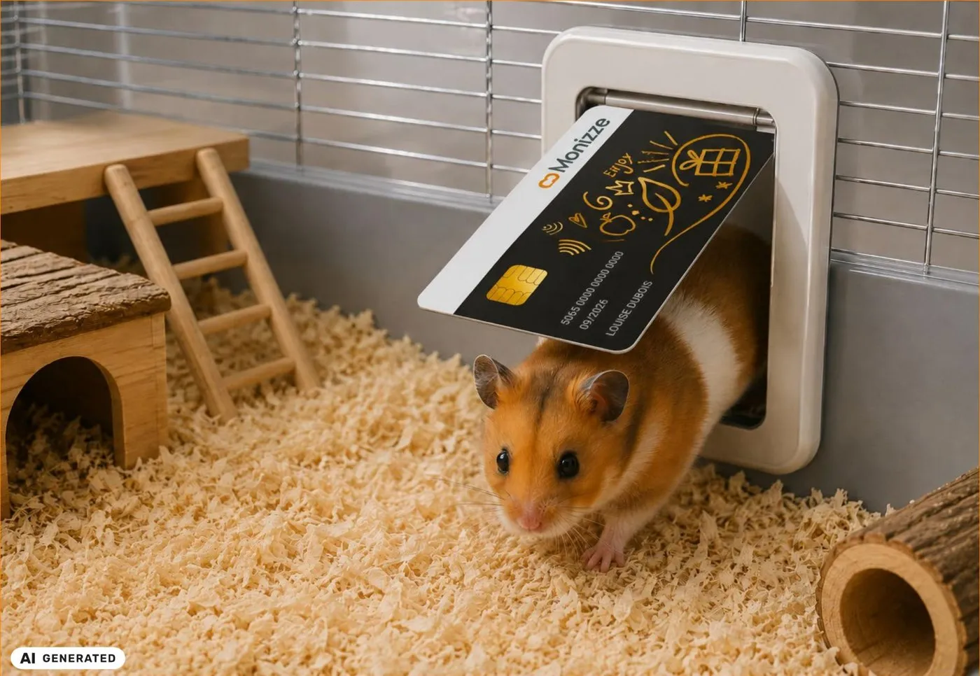 Un hamster franchissant une chatière miniature fermée par une carte Monizze faisant office de battant