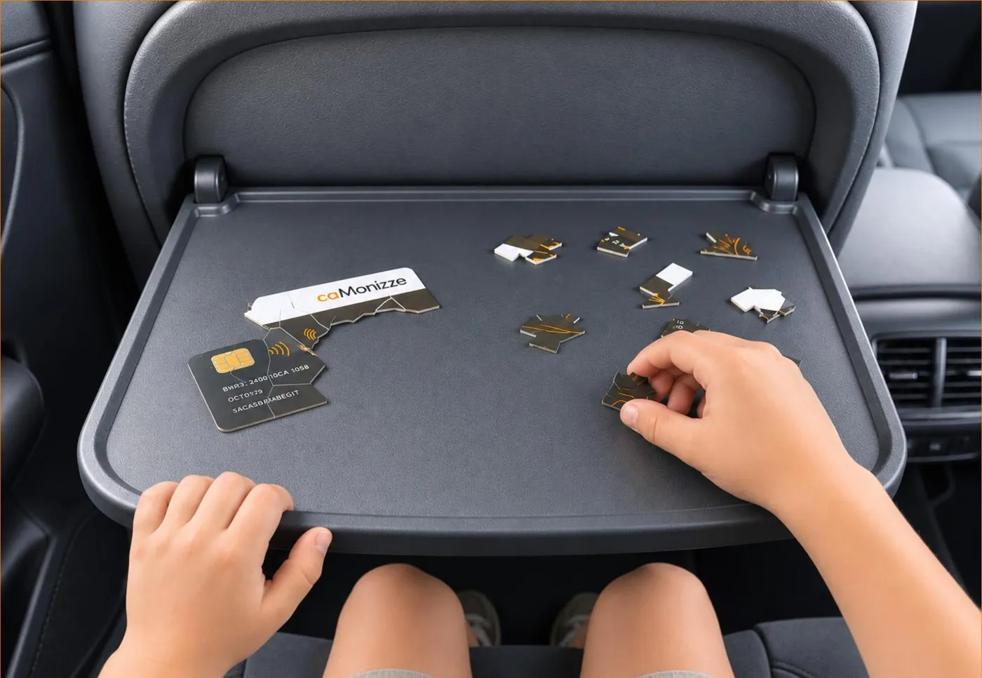 Des mains d’enfant assemblant les morceaux découpés d’une carte Monizze sur la tablette d’un siège de voiture