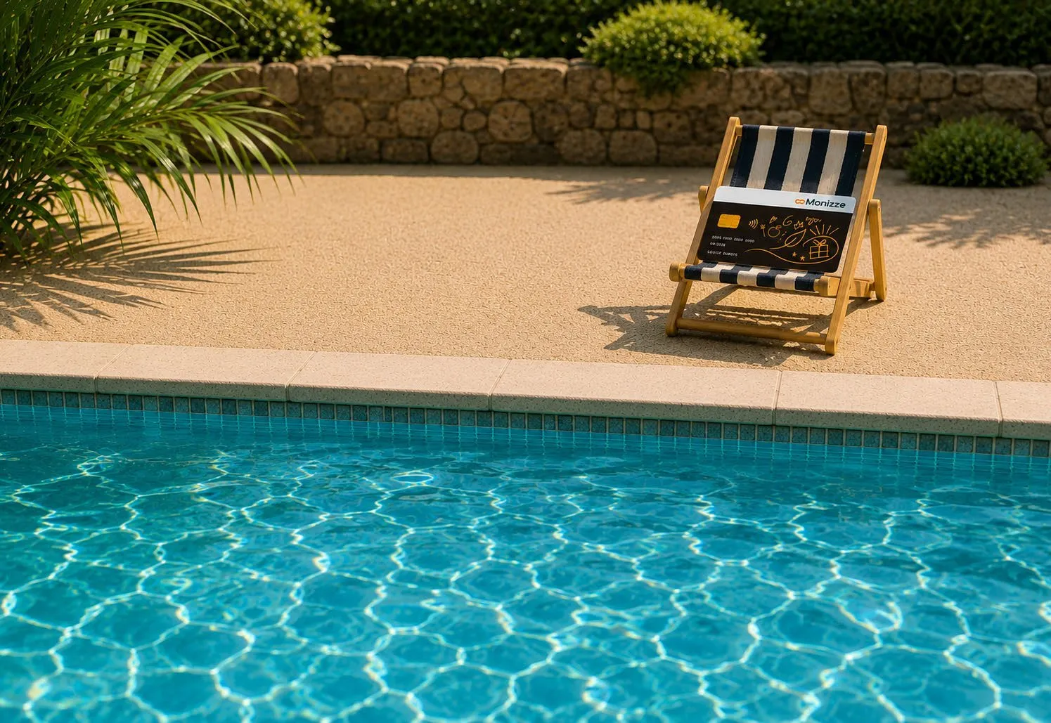 Une carte Monizze installée sur un transat miniature rayé, au bord d’une piscine