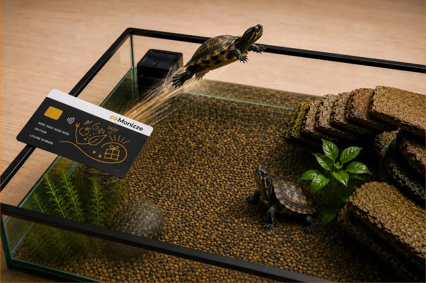 Une carte Monizze posée en pente contre la paroi d’un aquarium, servant de rampe à deux tortues